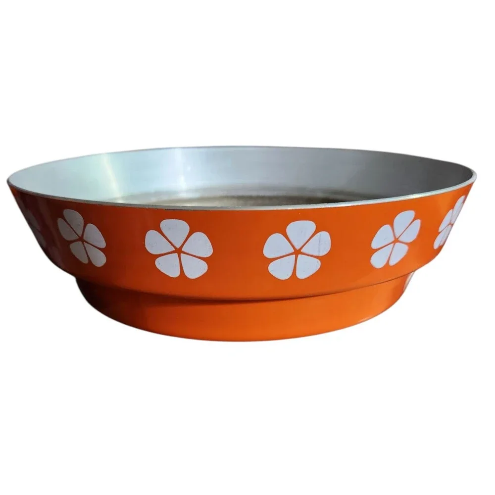 Vintage Enamel Pan and Lid Orange w/ White Flowers Wood Handles Made in Japan
